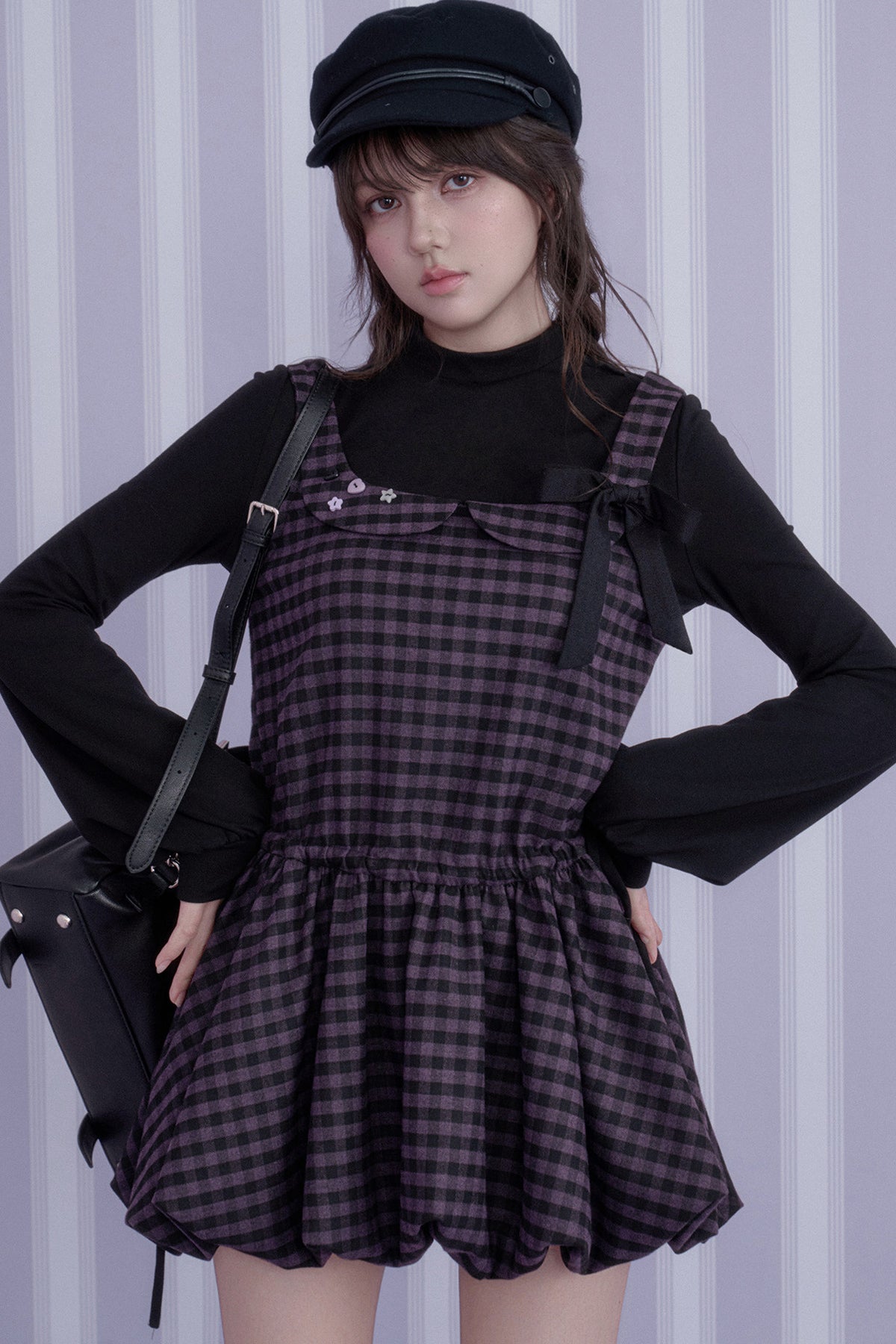 Layered-Look Plaid Long Sleeve Dress