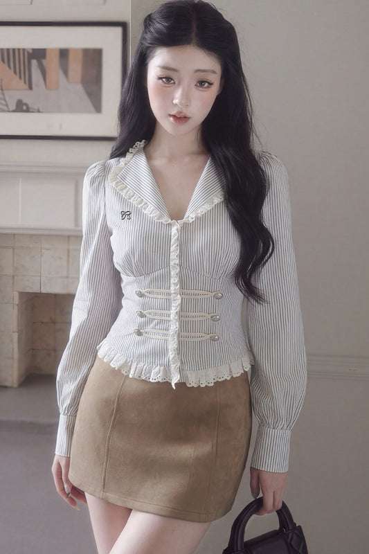 V-Neck Puff Sleeve Lace Blouse