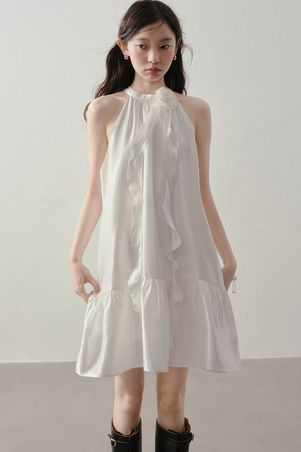 White Rose Halter Neck Ruffle Dress