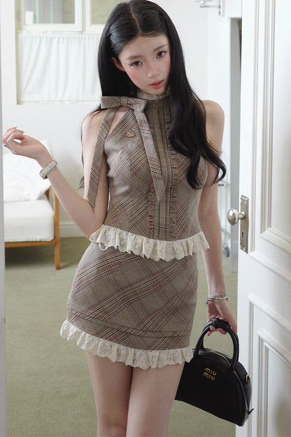 Lace Halter Top & Skirt Two-Piece Set-Up