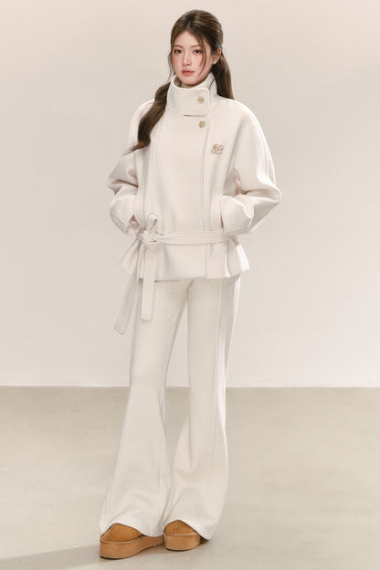 White Tie-Waist Woolen Jacket