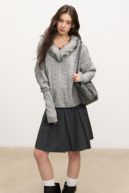 Fur Collar Knit Top and Skirt Set-Up