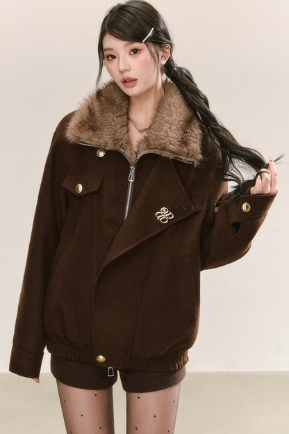 Maillard Fur Collar Woolen Jacket and Shorts Set-Up