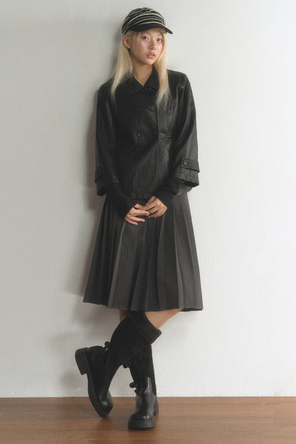 Black Double-Breasted PU Leather Top and Skirt Set-Up