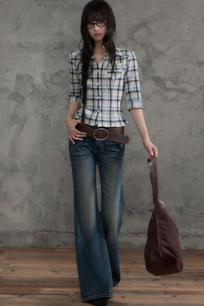 Retro Plaid Short Sleeve Shirt and Pants Set-Up
