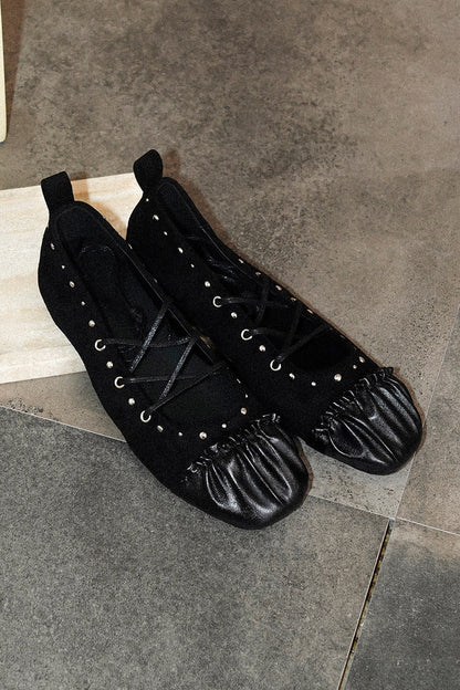 Leather Rivet Lace-Up Ballet Shoes