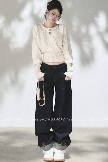 Embroidered Cat Raw Denim Jeans