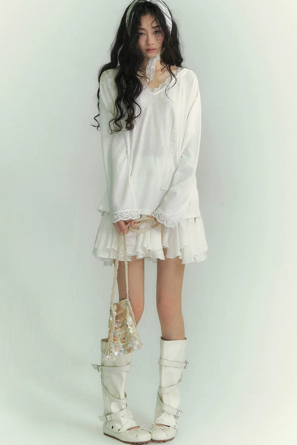 Somesowe Lace Ribbon Hooded T-Shirt