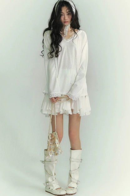 Somesowe Lace Ribbon Hooded T-Shirt