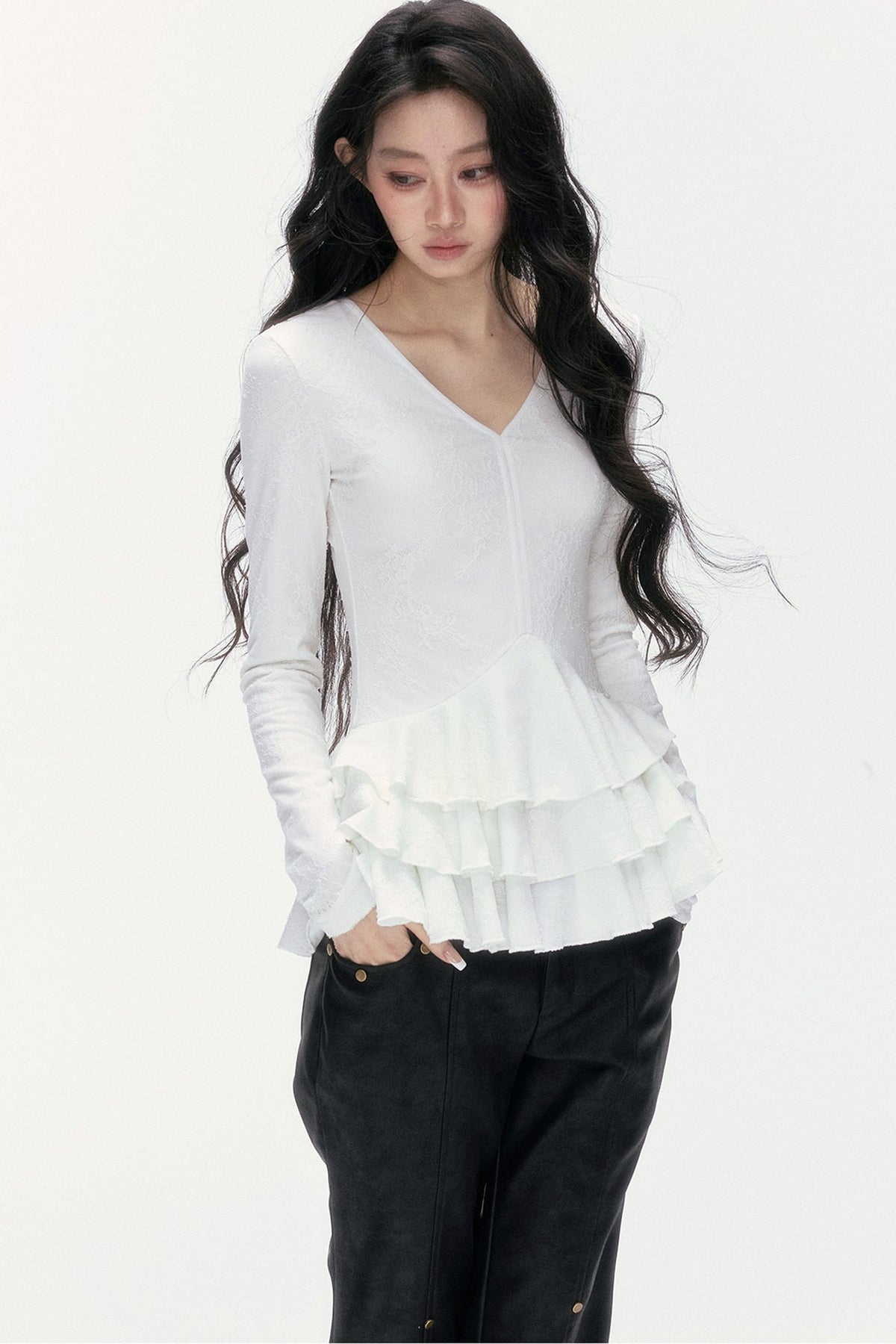 V-Neck Lace Tiered Top