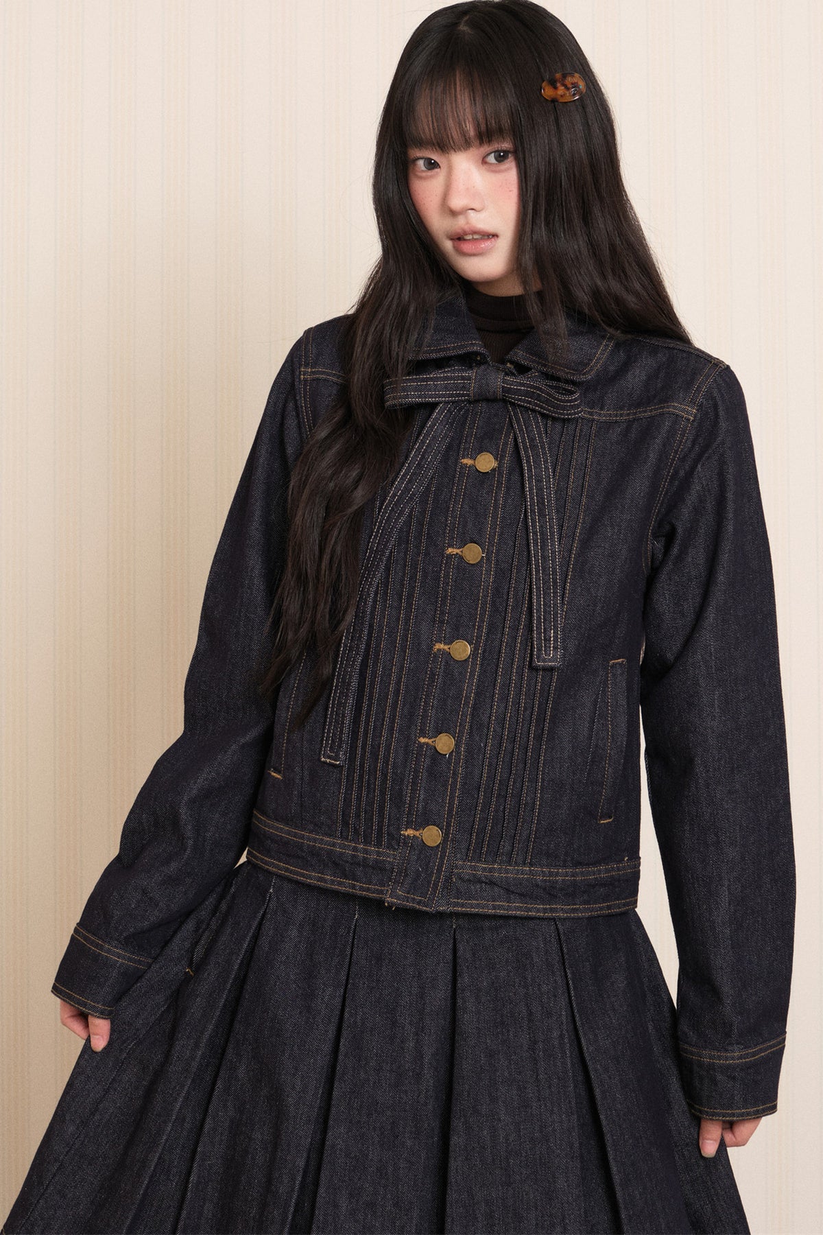 Washed Denim Lapel Tie Jacket