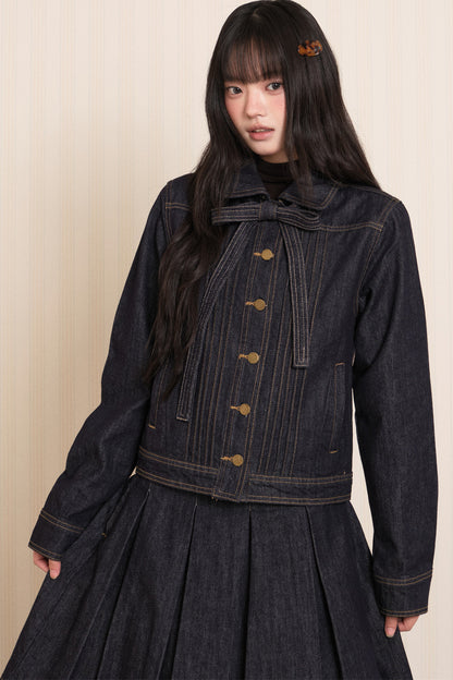 Washed Denim Lapel Tie Jacket