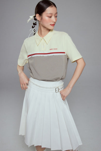 Color Block Lace Trim Cotton Polo