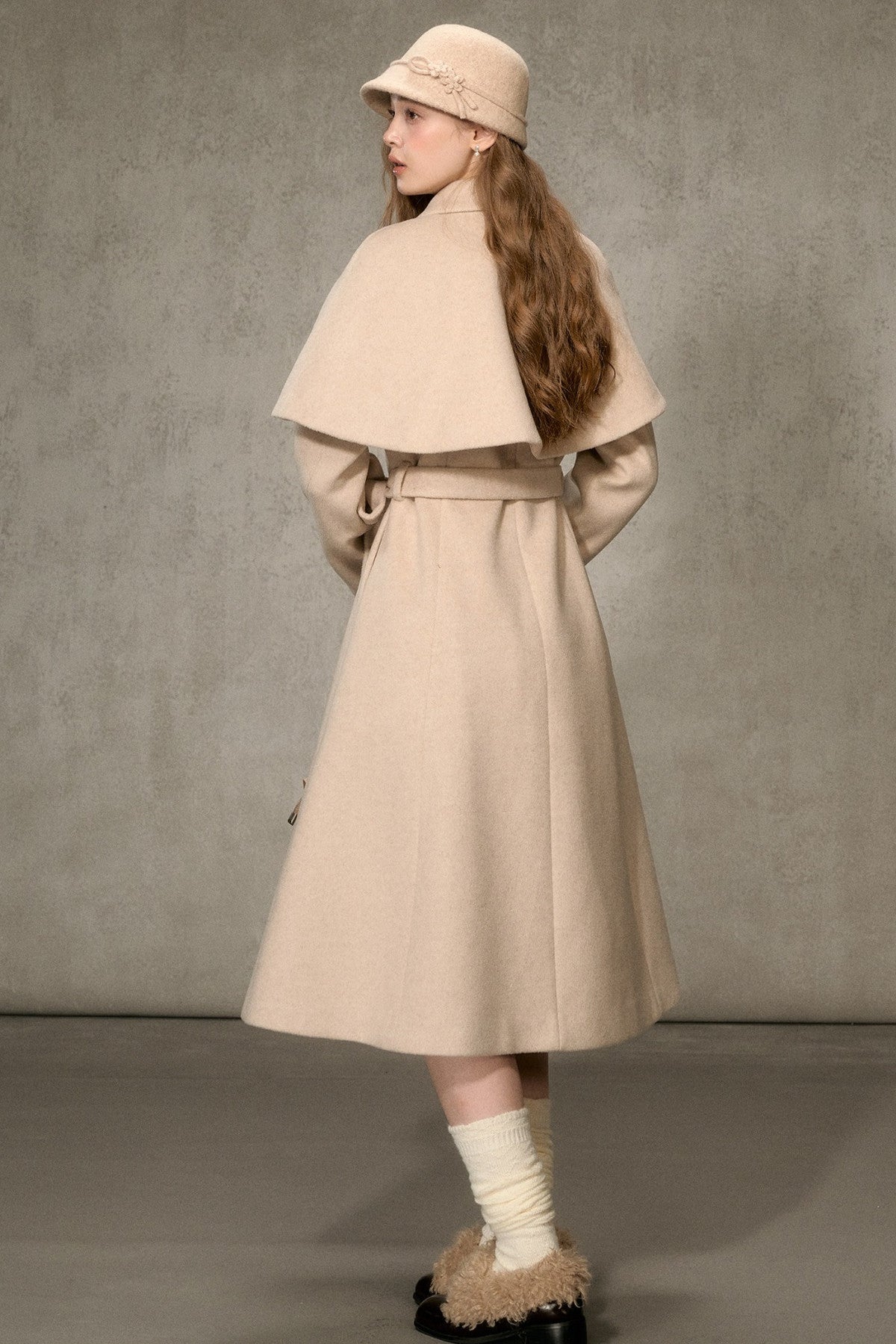 Floral Embroidered Long Woolen Cape Coat Set-Up