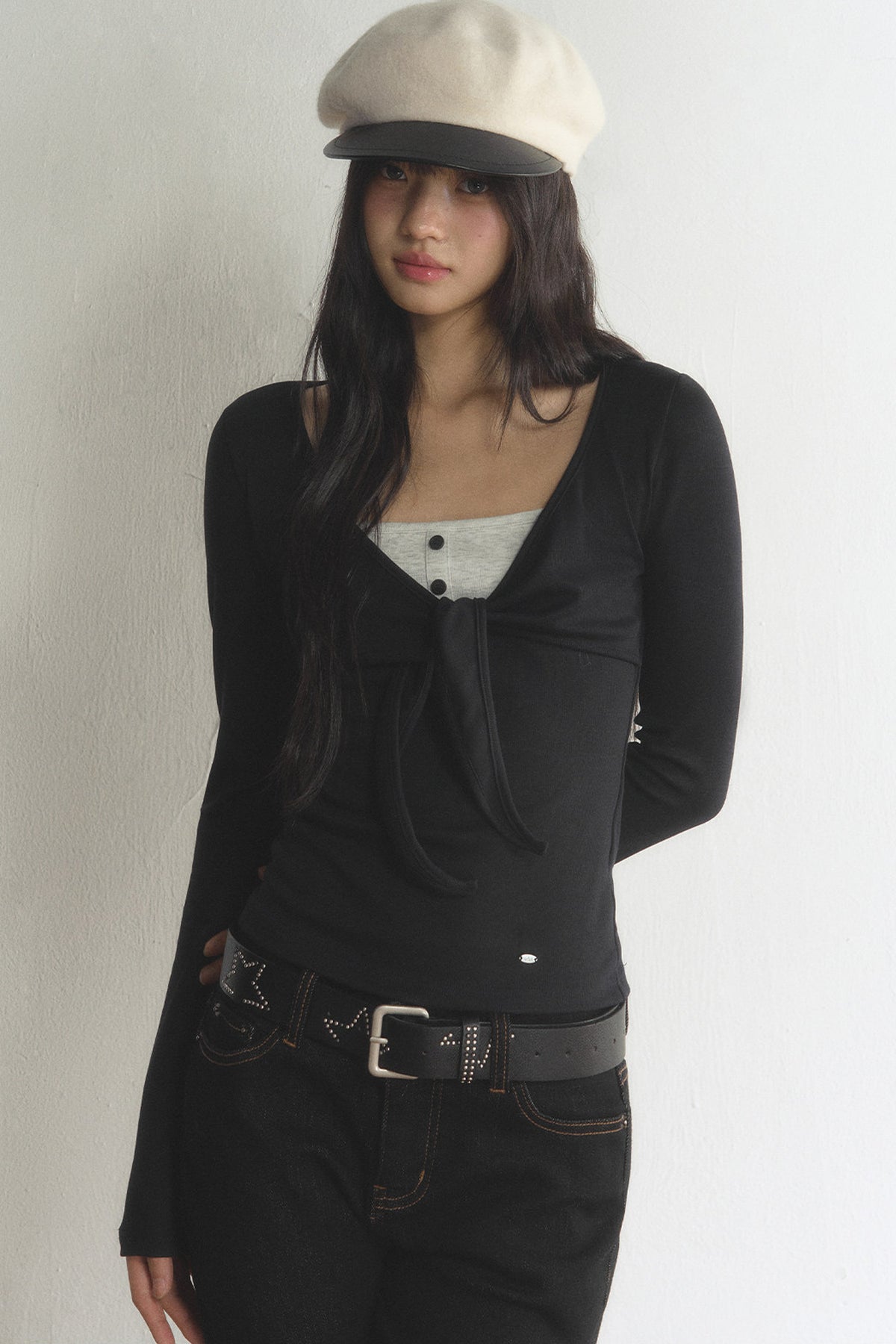 V-Neck Bow Contrast Long-Sleeve Top and Pants Set-Up