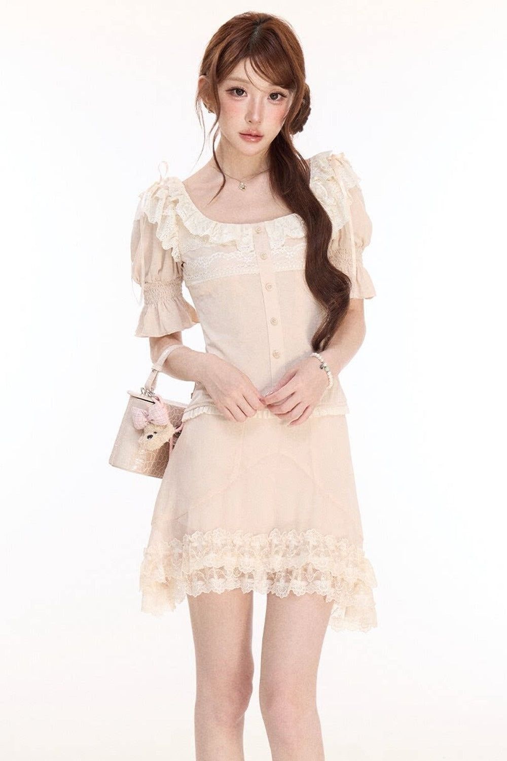 Floral Lace Lantern Sleeve Top and Chiffon Skirt Set-Up