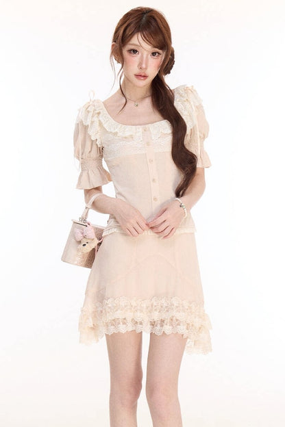 Floral Lace Lantern Sleeve Top and Chiffon Skirt Set-Up