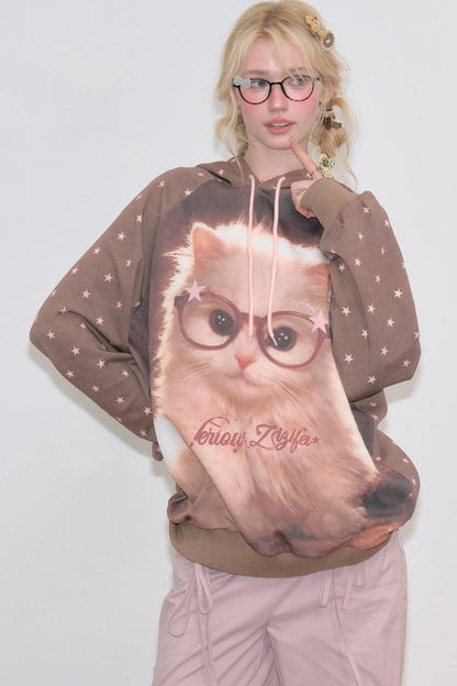 Brown Cat Star Polka Dot Hoodie