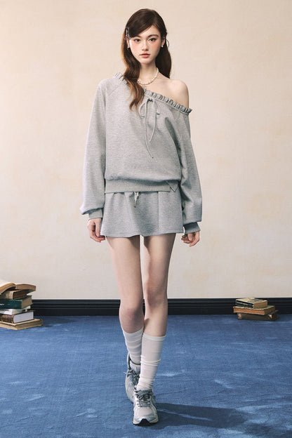 Gray Off-Shoulder Sweatshirt and Sweatpants Skirt Set-Up