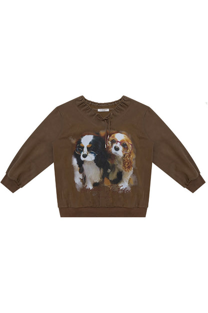 Brown Dog Print Lace V-Neck Sweatshirt