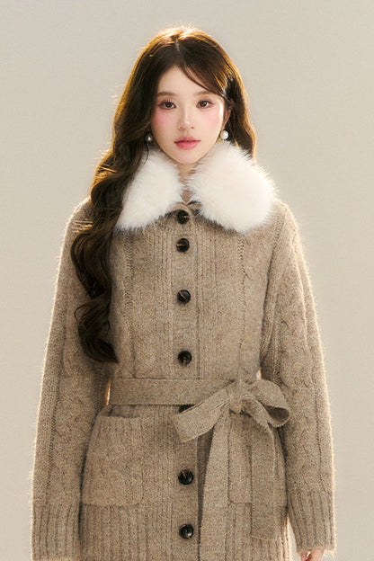 Waist-Cinching Cable Knit Sweater Cardigan