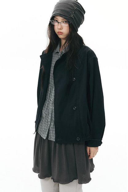 Retro Double-Breasted Workwear Jacket and Skirt Set-Up