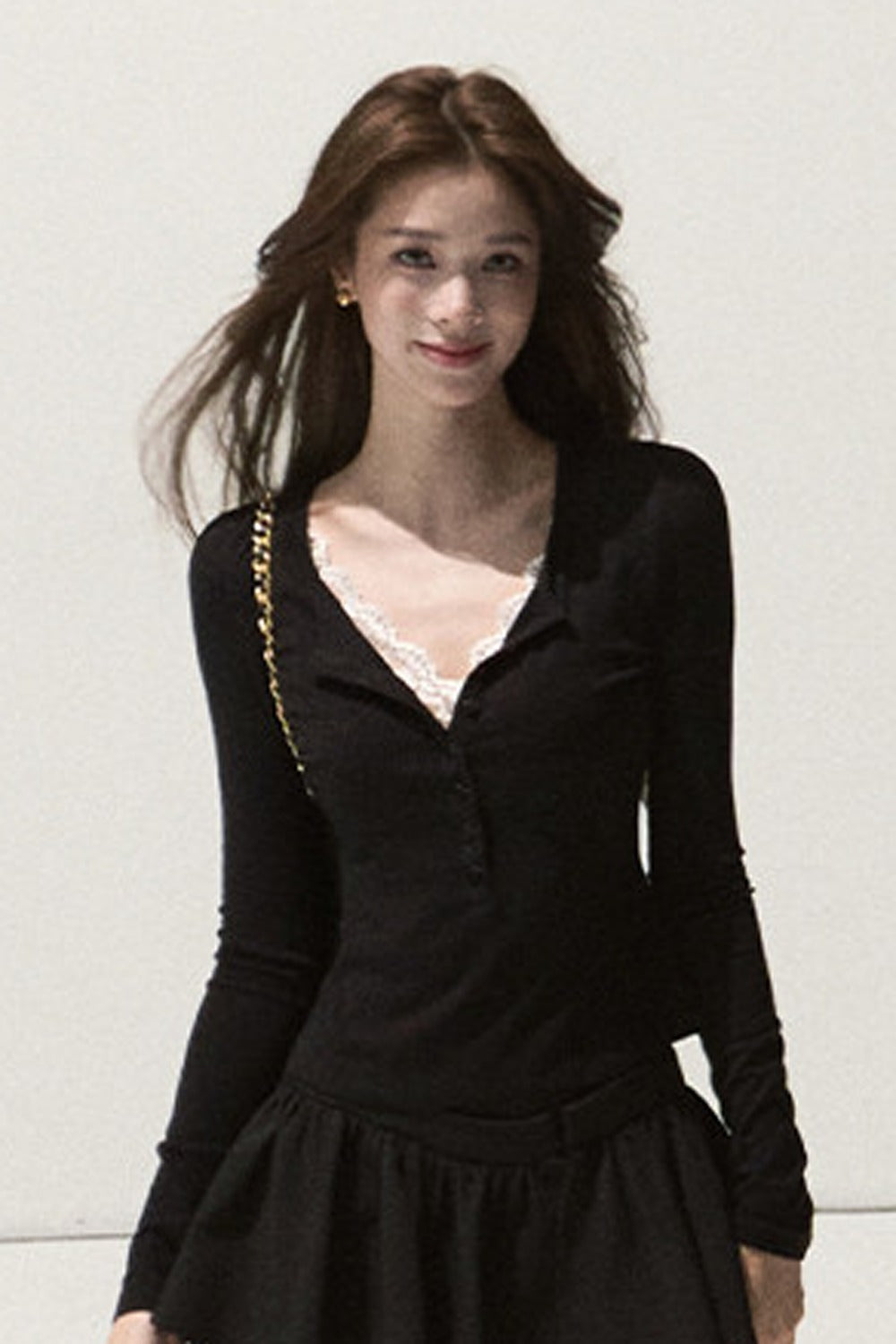 Lyocell Wool Lace Polo Knit Top