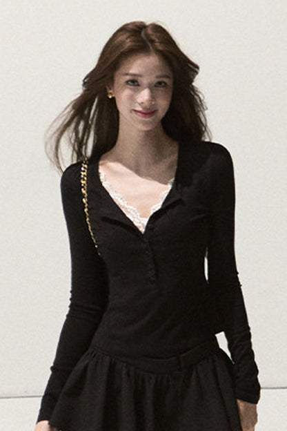 Lyocell Wool Lace Polo Knit Top