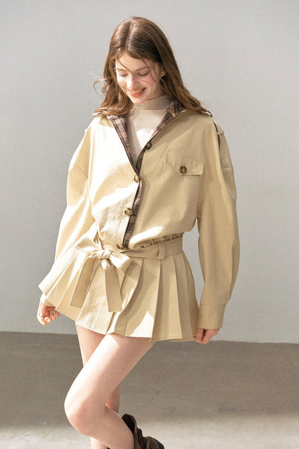 Plaid Collar Trench Coat With Pleated Skirt Set-Up