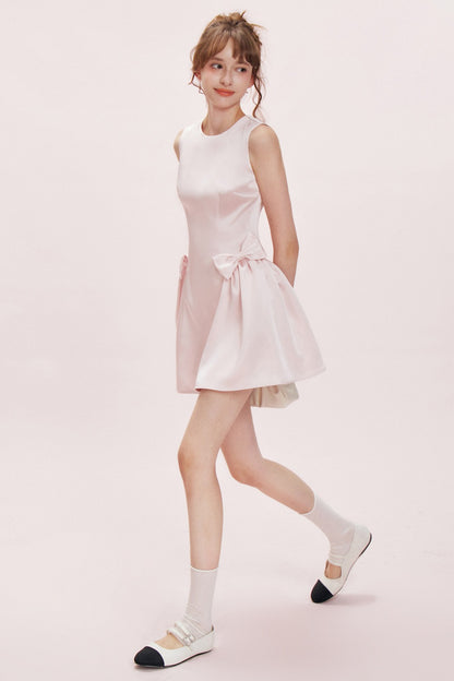Double Bow Satin Vest Dress and Cardigan Set-Up