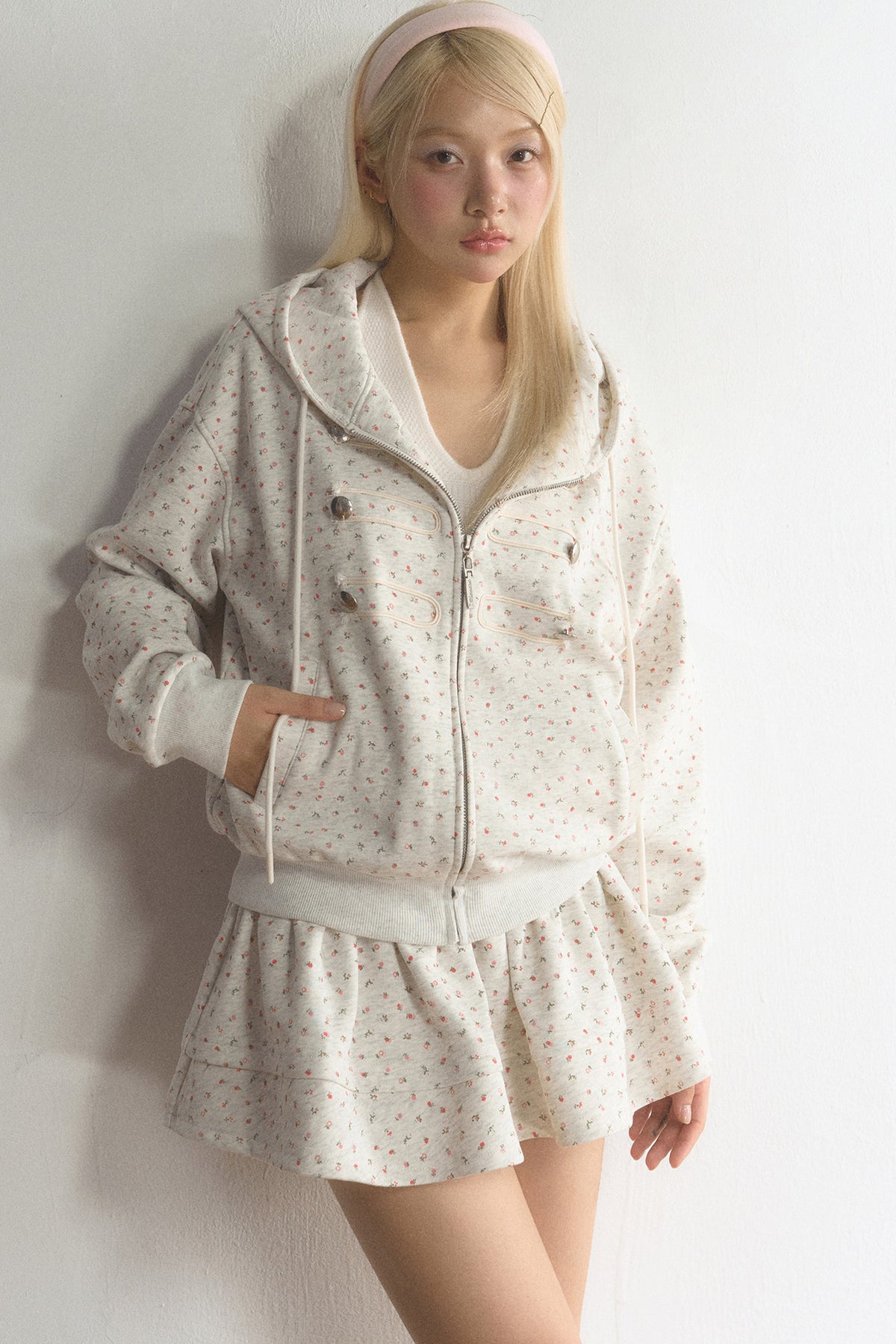 Floral Hooded Cardigan and Skirt Set-Up
