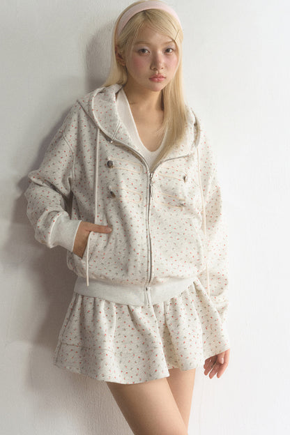 Floral Hooded Cardigan and Skirt Set-Up