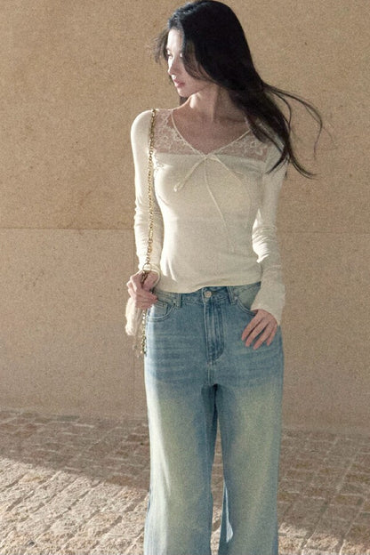 Jeans in denim lavato effetto vintage a gamba dritta