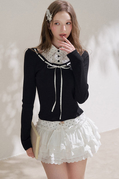 Black Halter Polka Dot Layered Blouse
