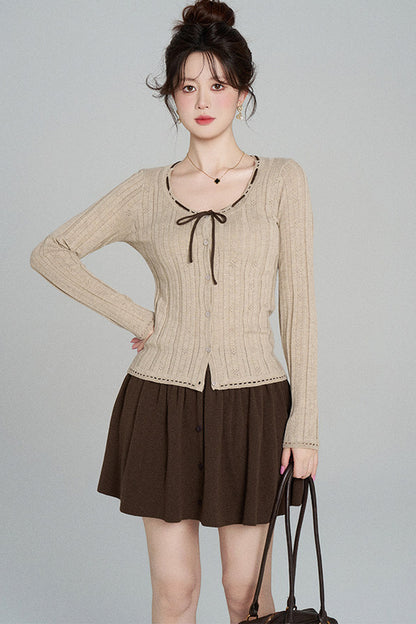 Hollow-Out Knit Cardigan and Skirt Set-Up