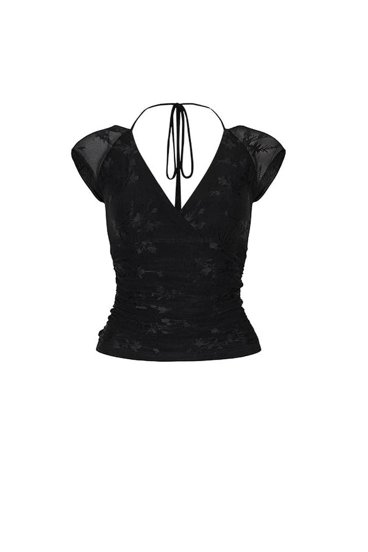 Viapitti Mesh Jacquard Lace Halter T-Shirt
