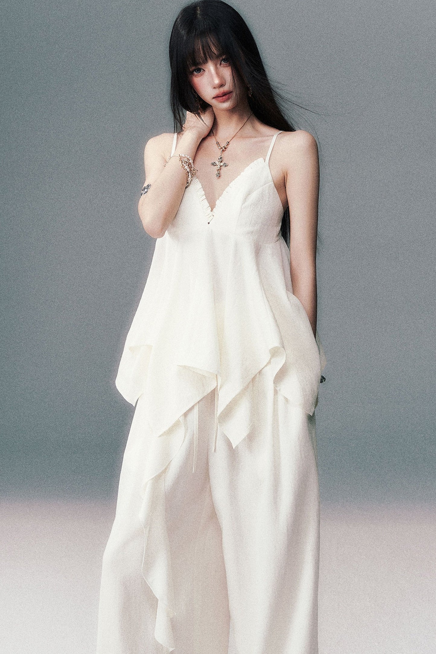 Relaxed V-Neck Camisole And Wide-Leg Pants Set-Up