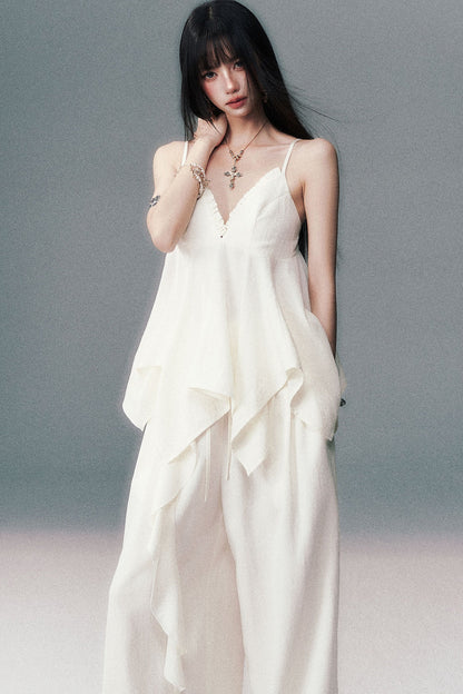 Relaxed V-Neck Camisole And Wide-Leg Pants Set-Up