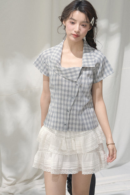 Square-Neck Plaid Blouse