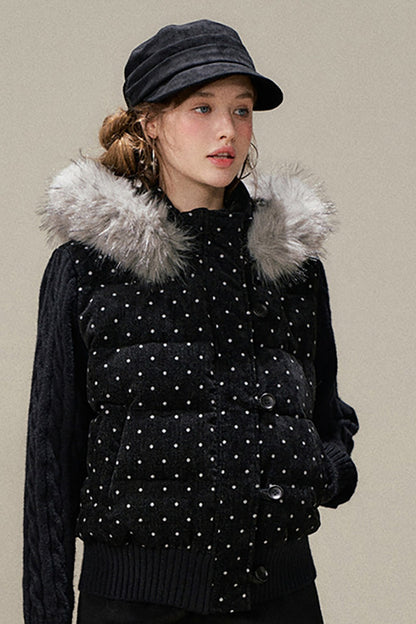 Black Chenille Polka Dot Hooded Down Jacket