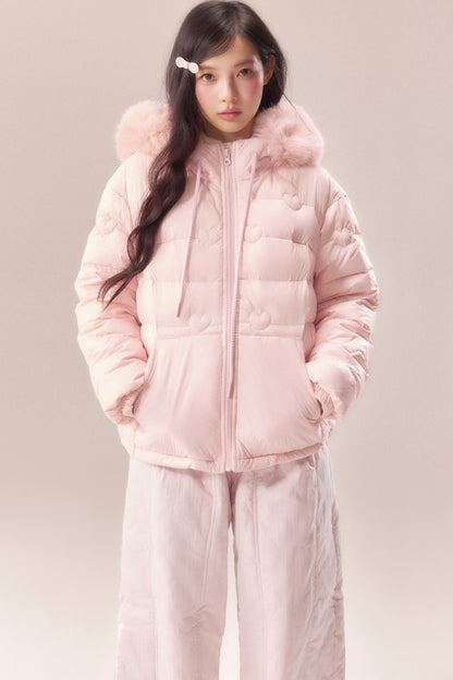 Heart Quilted Fur Collar Hooded Jacket