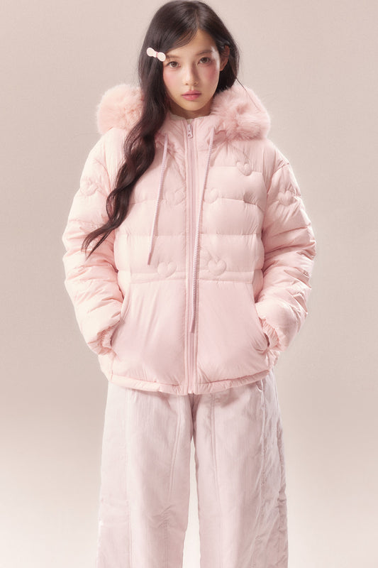 Heart Quilted Fur Collar Hooded Jacket