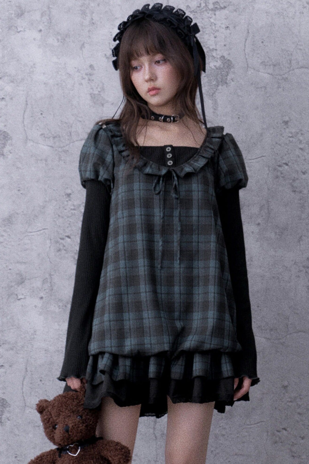 Robe babydoll à carreaux bleu et noir