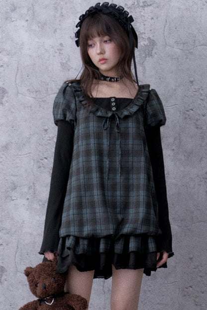 Robe babydoll à carreaux bleu et noir