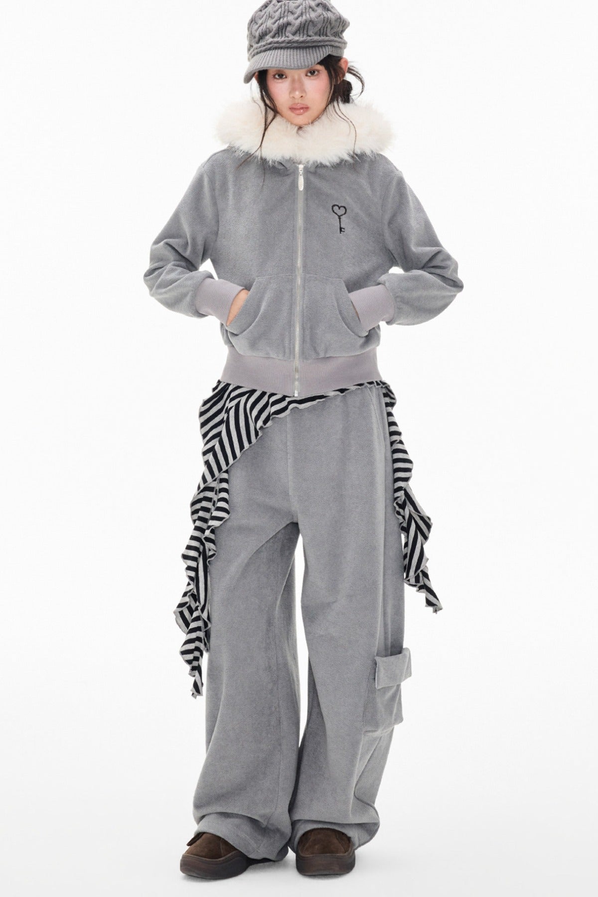 Detachable Fur Hood Jacket and Pants Set-Up