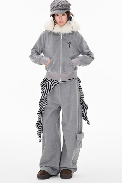 Detachable Fur Hood Jacket and Pants Set-Up