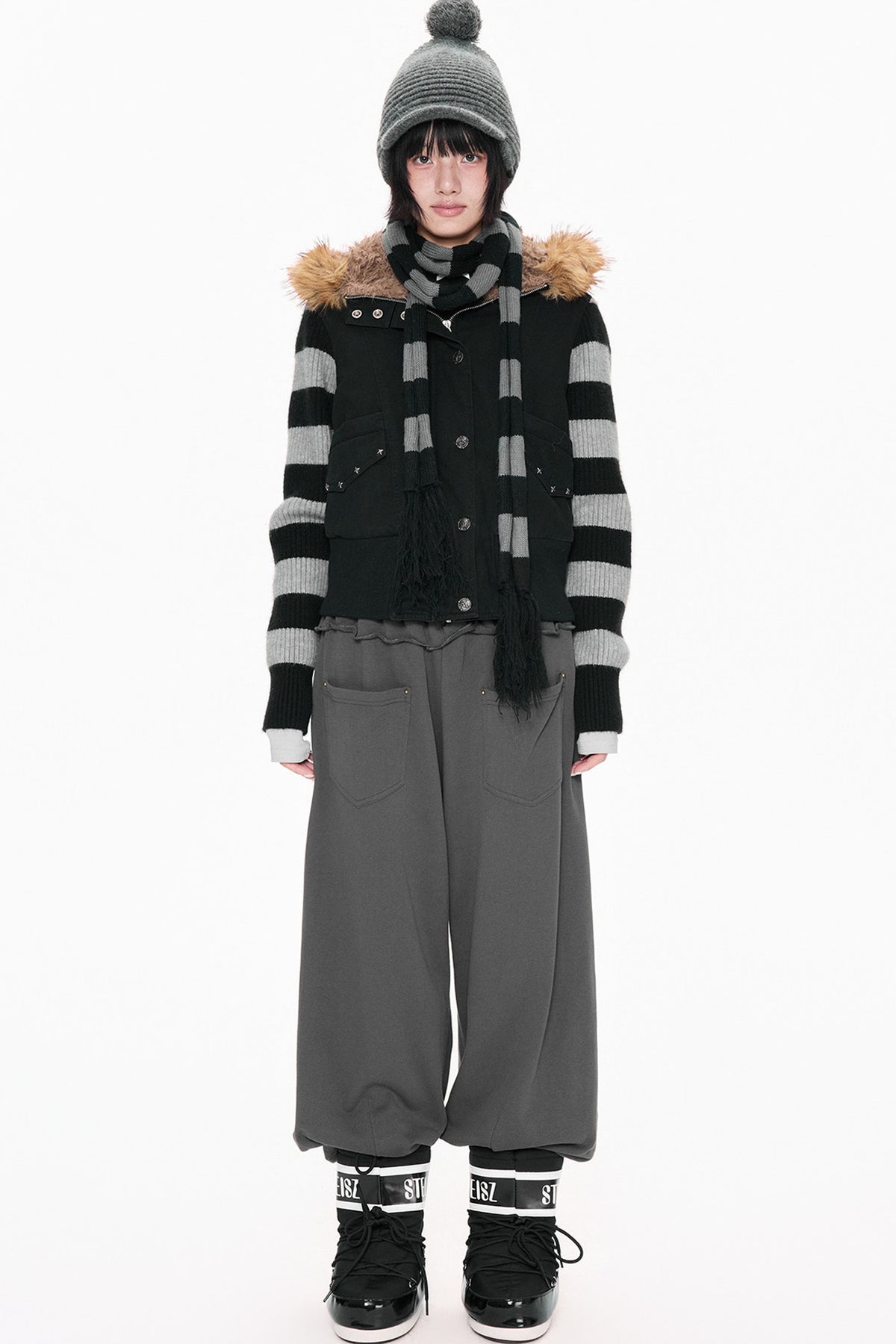 Fur Collar Hooded Striped Jacket