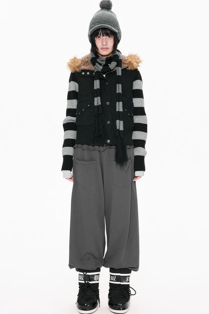 Fur Collar Hooded Striped Jacket