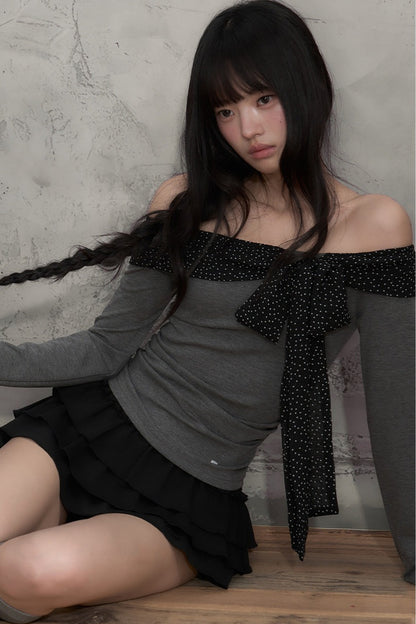 Polka Dot Off-Shoulder Ribbon Tie Top and Skirt Set