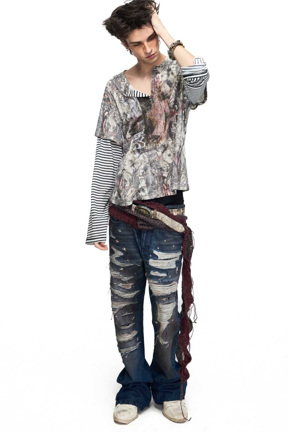Striped Layered-Look Classical Lady Print T-shirt